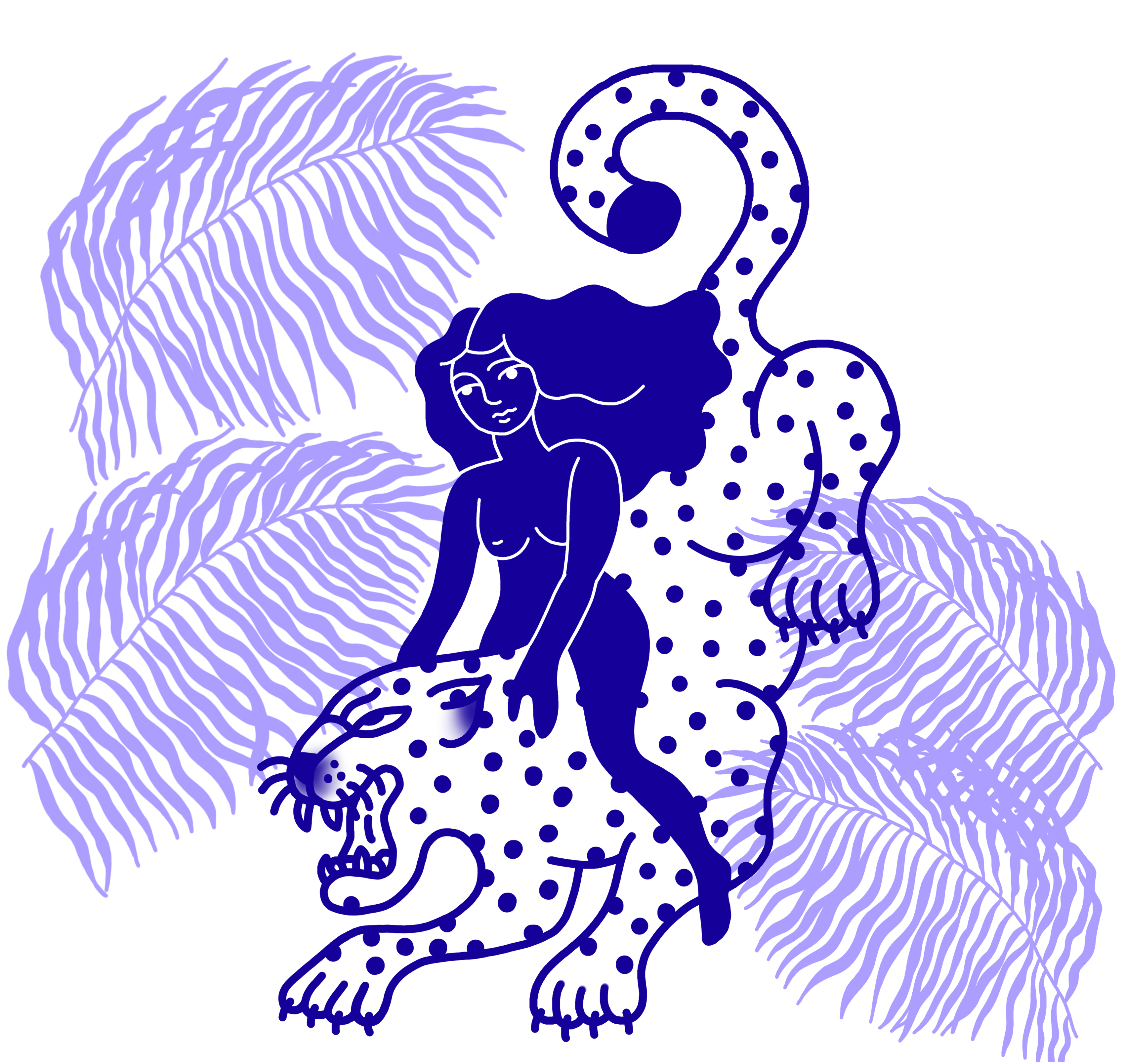Stylized design with exotic, mystical feel Nude woman riding a spotted leopard Leopard has a fierce expression Large, wavy palm leaves on both sides "BEHRMANN" at the top, "COUTURE" at the bottom in wavy font Purple tones on a black background Elegant, otherworldly atmosphere
